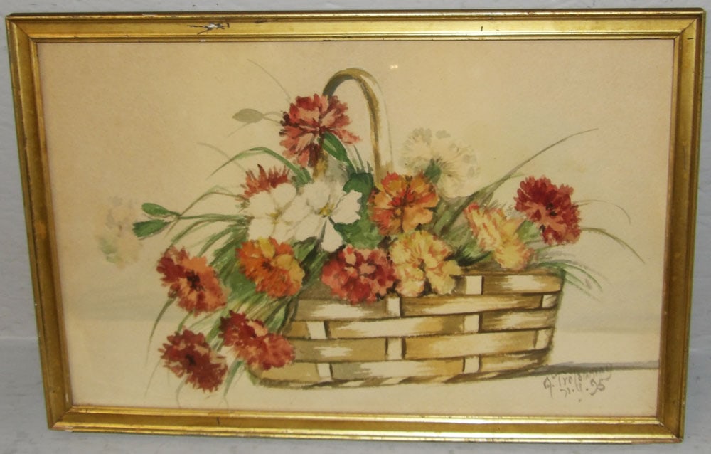 Antique Gilt Frame Watercolor of Floral Still Life in Woven Basket Signed & Dated 1895: Antique Gilt Frame Watercolor of Floral Still Life in Woven Basket Signed & Dated 1895. 12" x 18" "ALL DESCRIPTIONS AND ANY CONDITION STATEMENT GIVEN BY LANGSTON AUCTION GALLERY ARE STRICTLY OPINIONS