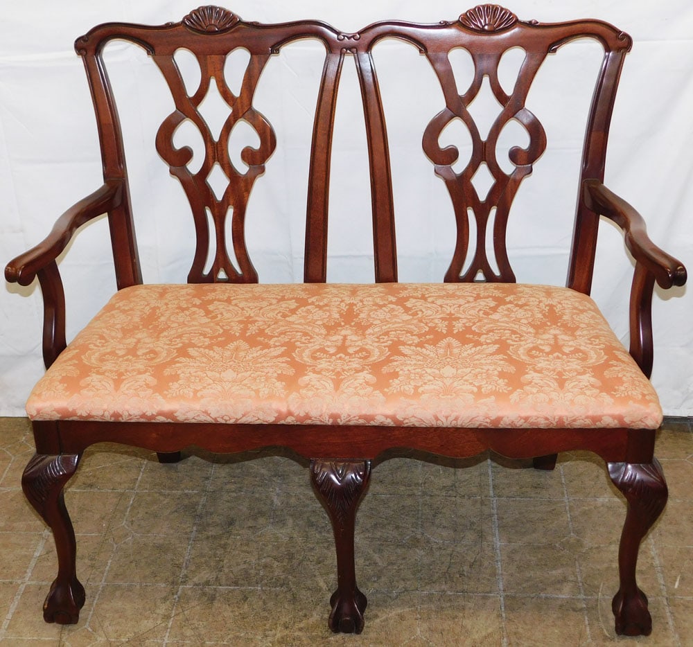 Carved Cherry Chippendale Style Settee with Ball & Claw Feet: Carved Cherry Chippendale Style Settee with Ball & Claw Feet . 39 1/4" H 44 1/2" L 21" D "ALL DESCRIPTIONS AND ANY CONDITION STATEMENT GIVEN BY LANGSTON AUCTION GALLERY ARE STRICTLY OPINIONS AND