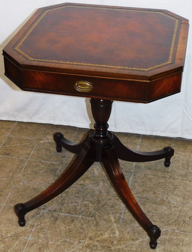 Octagonal Form Mahogany One Drawer Pedestal Drum Table with Tooled Leather Top: Octagonal Form Mahogany One Drawer Pedestal Drum Table with Tooled Leather Top. 27" H 21 3/4" Dia. "ALL DESCRIPTIONS AND ANY CONDITION STATEMENT GIVEN BY LANGSTON AUCTION GALLERY ARE STRICTLY OPINIONS