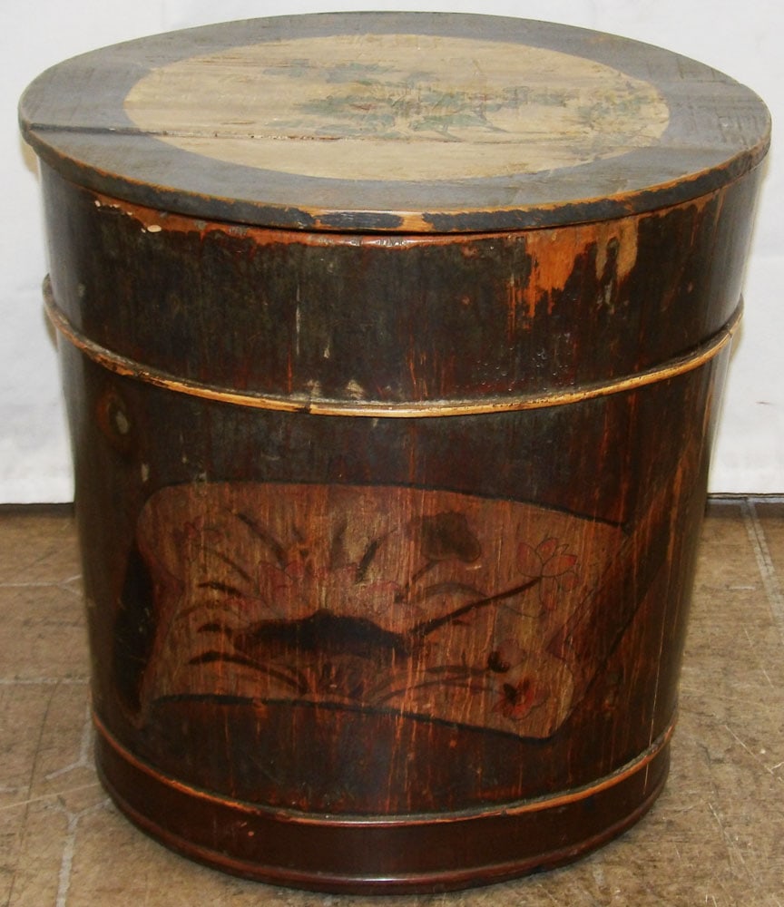 Large Painted Wooden Oriental Bucket with Lid (1 of 7)