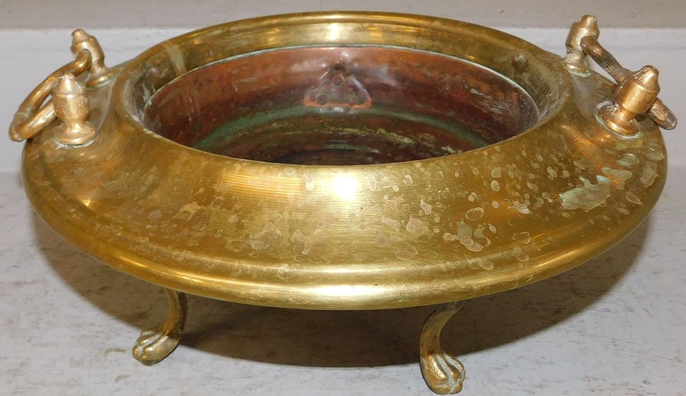 Antique Brass Jardiniere: Antique Brass Jardiniere . 8 1/4" H 17" Dia. "ALL DESCRIPTIONS AND ANY CONDITION STATEMENT GIVEN BY LANGSTON AUCTION GALLERY ARE STRICTLY OPINIONS AND LANGSTON'S SHALL HAVE NO RESPONSIBILITY FOR