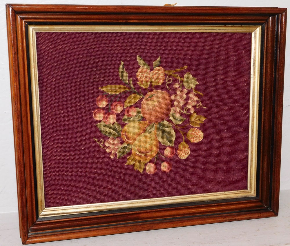 Antique Walnut Victorian Gilt Edge Shadowbox Needlework: Antique Walnut Victorian Gilt Edge Shadowbox Needlework. 17 1/2" x 21 1/2" "ALL DESCRIPTIONS AND ANY CONDITION STATEMENT GIVEN BY LANGSTON AUCTION GALLERY ARE STRICTLY OPINIONS AND LANGSTON'S SHALL