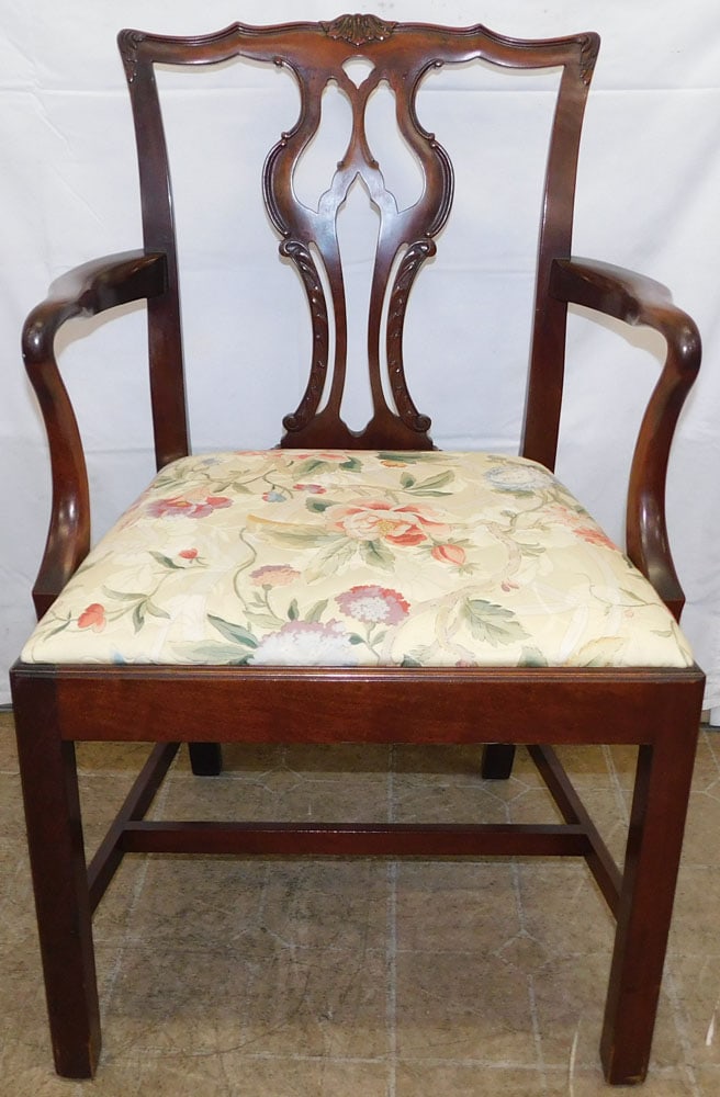 Mahogany Chippendale Style Arm Chair: Mahogany Chippendale Style Arm Chair. 38 1/2" H 23 1/2" W 21" D "ALL DESCRIPTIONS AND ANY CONDITION STATEMENT GIVEN BY LANGSTON AUCTION GALLERY ARE STRICTLY OPINIONS AND LANGSTON'S SHALL HAVE NO