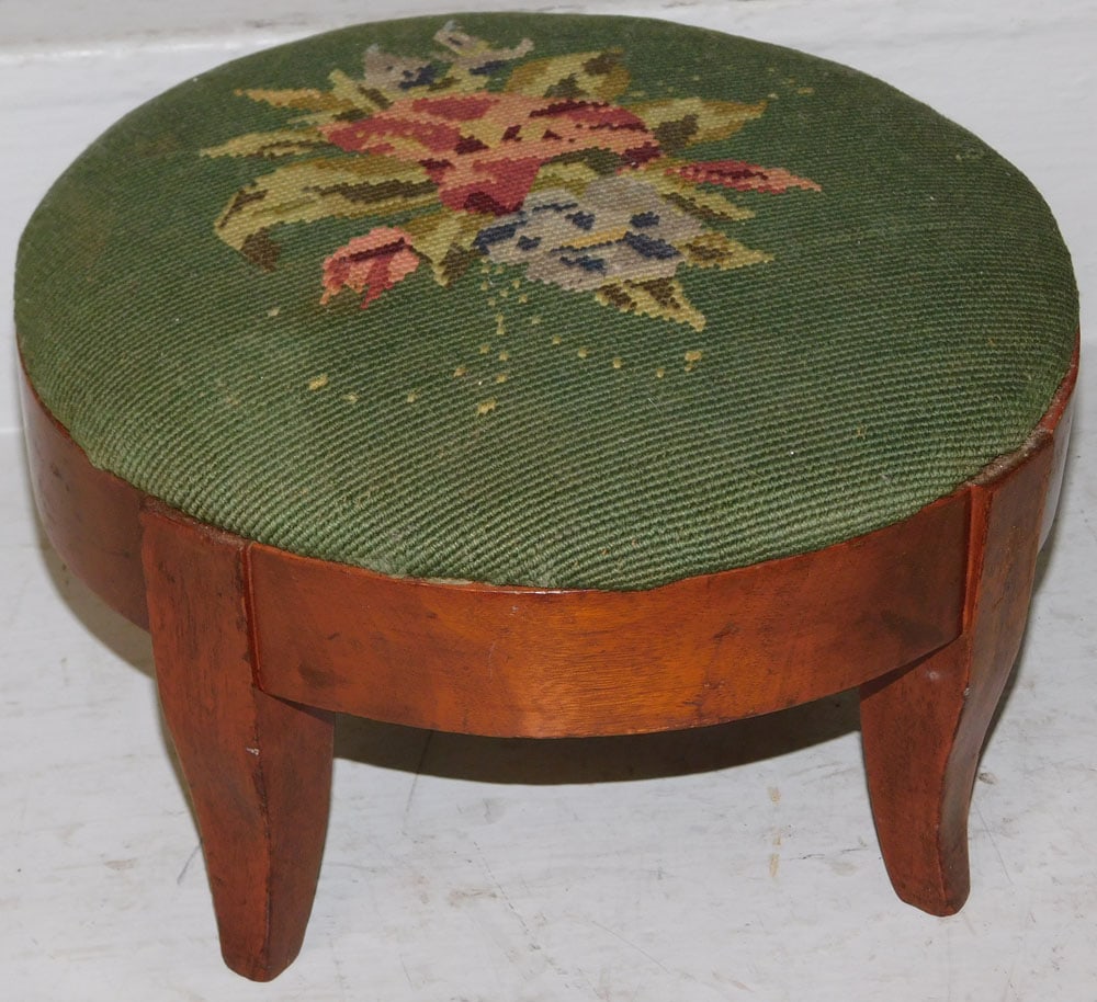 Antique Round Mahogany Splay Leg Foot Stool with Needlepoint Top (1 of 3)