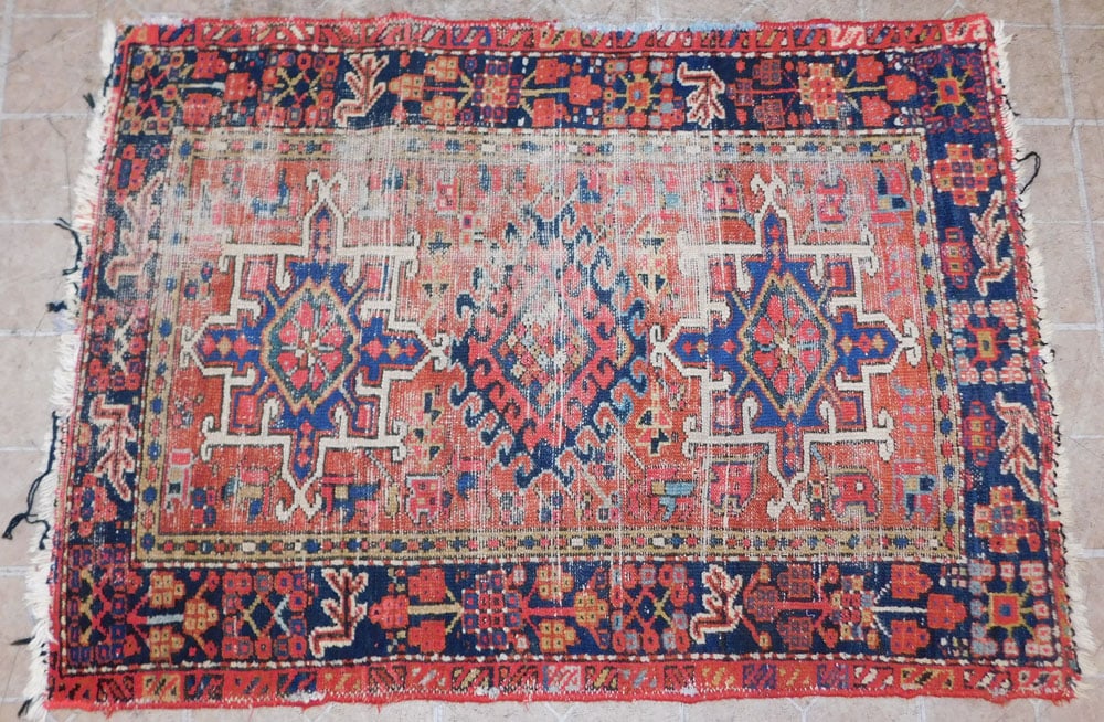 4' 4" x 3' Antique Hand Made Oriental Rug: 4' 4" x 3' Antique Hand Made Oriental Rug . "ALL DESCRIPTIONS AND ANY CONDITION STATEMENT GIVEN BY LANGSTON AUCTION GALLERY ARE STRICTLY OPINIONS AND LANGSTON'S SHALL HAVE NO RESPONSIBILITY FOR