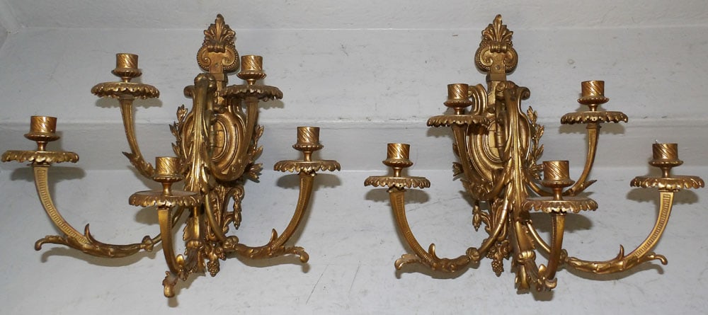 Pair of Five Arm Cast Bronze Candle Sconces (1 of 4)