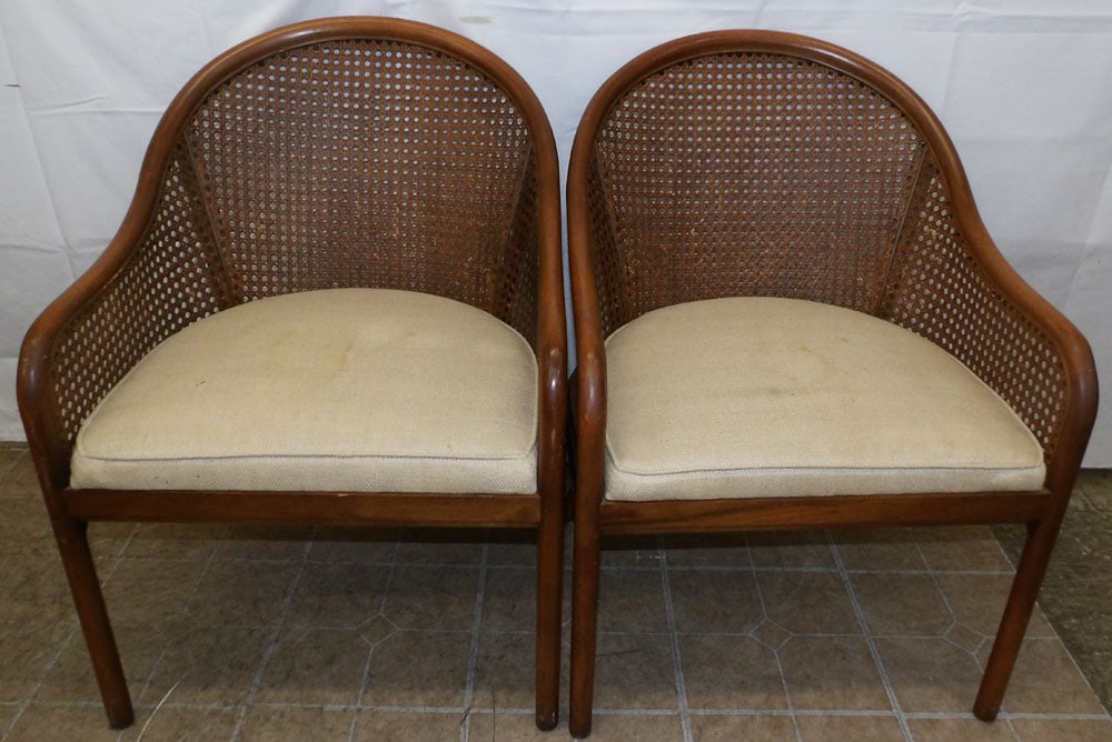 Pair of Walnut & Cane Back Arm Chairs: Pair of Walnut & Cane Back Arm Chairs . 32 3/4" H 24" W 25" D "ALL DESCRIPTIONS AND ANY CONDITION STATEMENT GIVEN BY LANGSTON AUCTION GALLERY ARE STRICTLY OPINIONS AND LANGSTON'S SHALL HAVE NO RESPONS