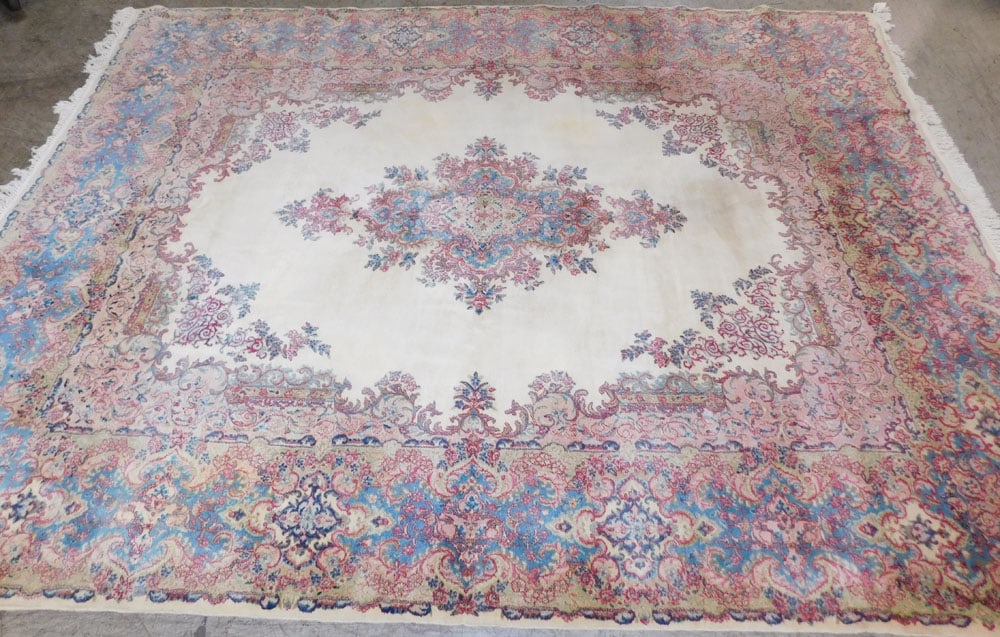 8' 9" x 11' 7" Antique Kerman Rug: 8' 9" x 11' 7" Antique Kerman Rug. "ALL DESCRIPTIONS AND ANY CONDITION STATEMENT GIVEN BY LANGSTON AUCTION GALLERY ARE STRICTLY OPINIONS AND LANGSTON'S SHALL HAVE NO RESPONSIBILITY FOR ERRORS OR