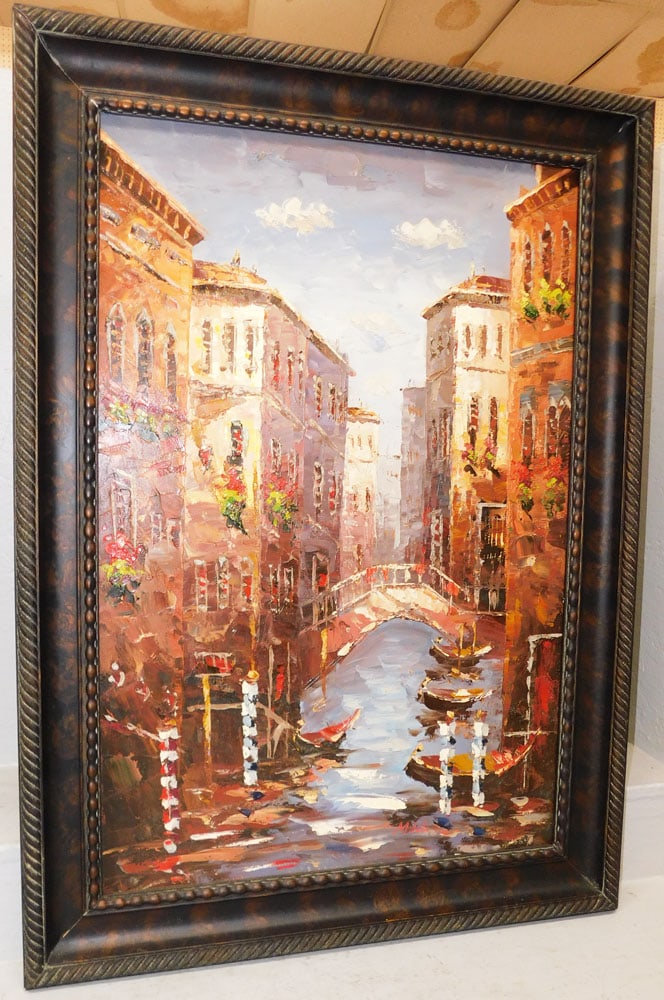 Framed Oil on Canvas Venetian Scene Artist Signed: Framed Oil on Canvas Venetian Scene Artist Signed . 43" x 30 1/2" "ALL DESCRIPTIONS AND ANY CONDITION STATEMENT GIVEN BY LANGSTON AUCTION GALLERY ARE STRICTLY OPINIONS AND LANGSTON'S SHALL HAVE NO RES