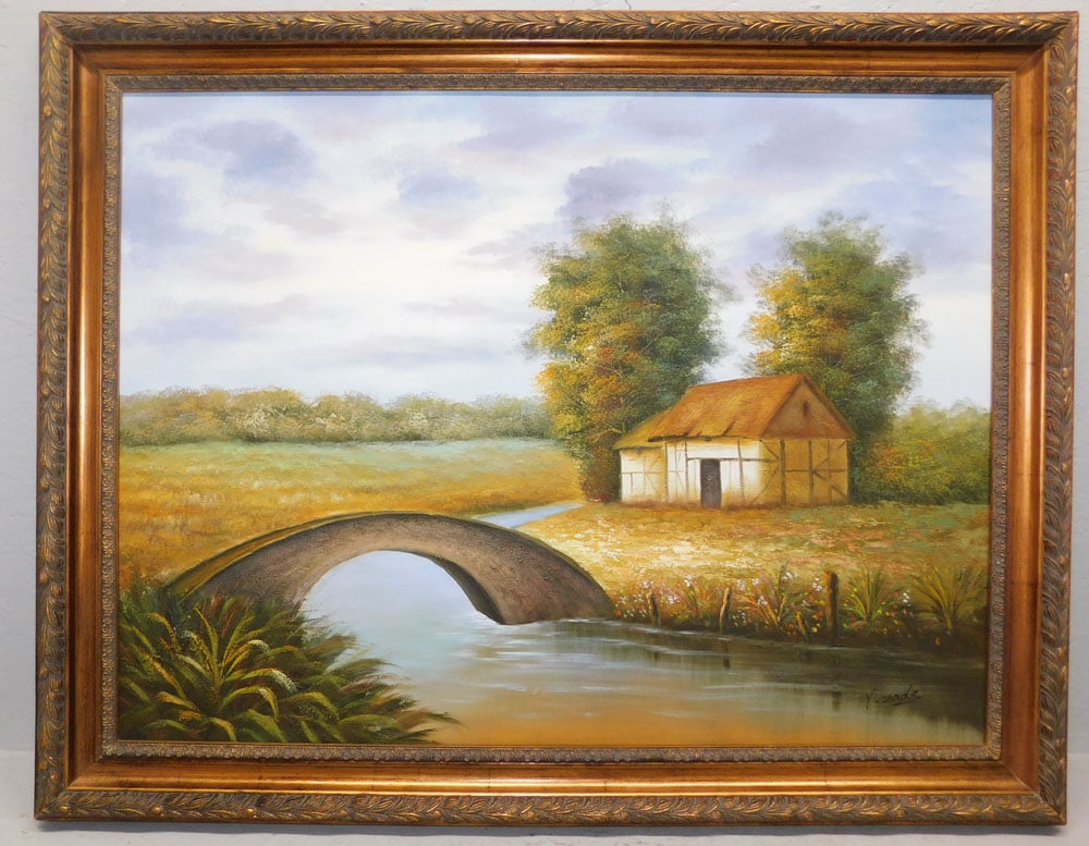 Framed Oil on Canvas River & Cottage Scene Artist Signed: Framed Oil on Canvas River & Cottage Scene Artist Signed . 42 1/2" x 30 1/2" "ALL DESCRIPTIONS AND ANY CONDITION STATEMENT GIVEN BY LANGSTON AUCTION GALLERY ARE STRICTLY OPINIONS AND LANGSTON'S SHALL