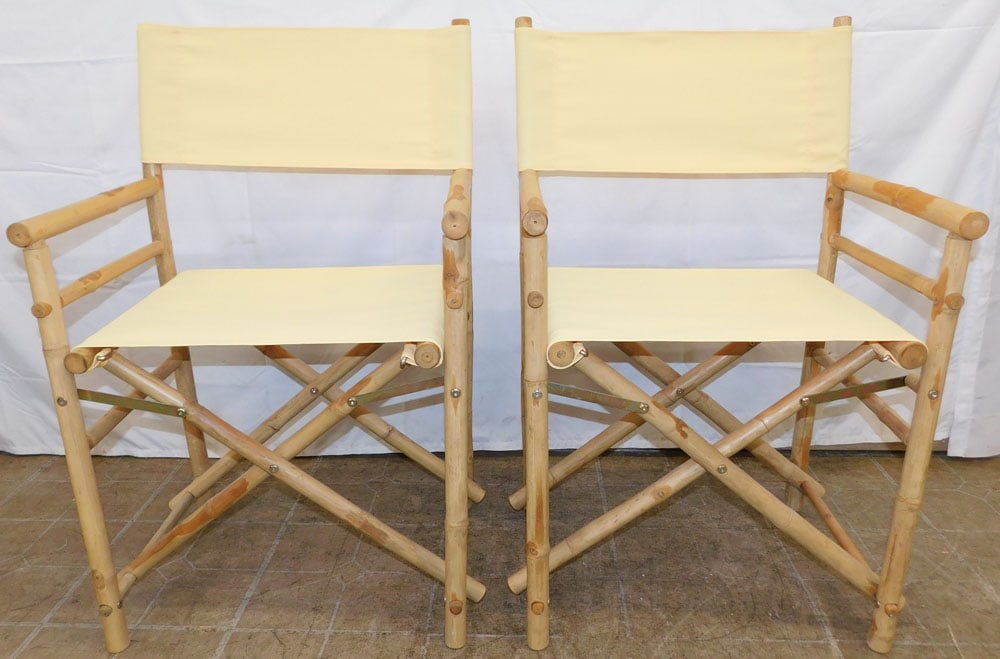 Pair of Bamboo Folding Director's Chairs: Pair of Bamboo Folding Director's Chairs . 35 1/2" H 22 3/4" W 17 1/2" D "ALL DESCRIPTIONS AND ANY CONDITION STATEMENT GIVEN BY LANGSTON AUCTION GALLERY ARE STRICTLY OPINIONS AND LANGSTON'S SHALL