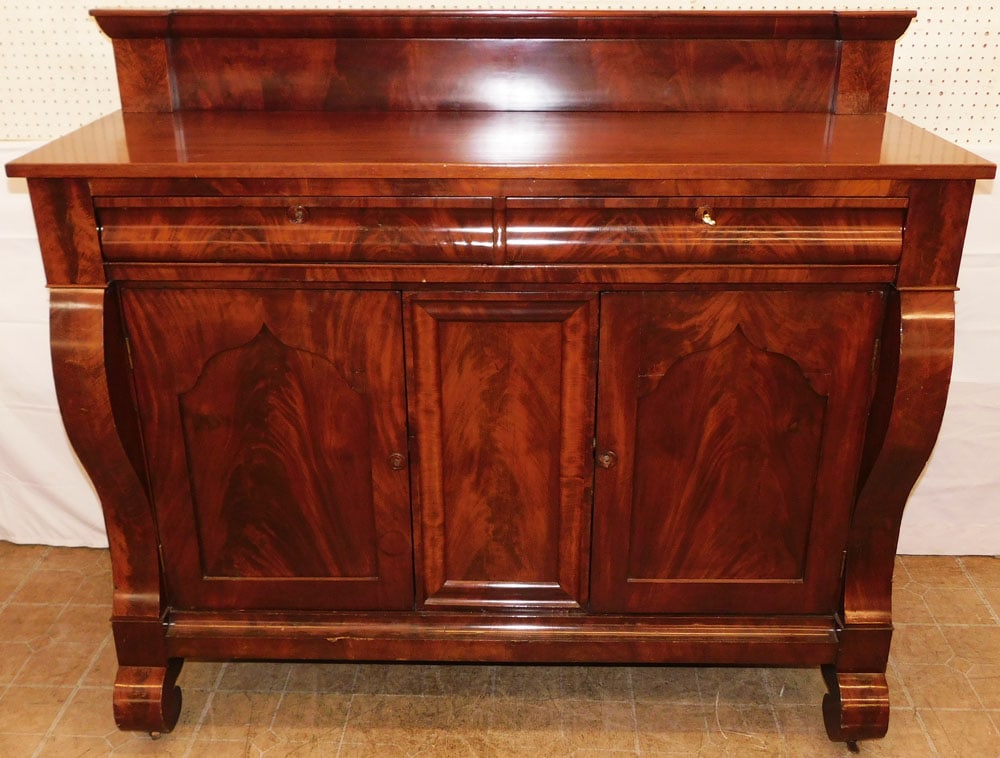 19th Century Crotch Mahogany Empire Sideboard: 19th Century Crotch Mahogany Empire Sideboard . 54 3/4" H 62" W 22 1/2" D "ALL DESCRIPTIONS AND ANY CONDITION STATEMENT GIVEN BY LANGSTON AUCTION GALLERY ARE STRICTLY OPINIONS AND LANGSTON'S SHALL