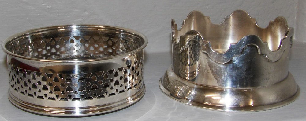 Silverplated Pierced Wine Bottle Coaster & Silverplated Scalloped Bottle Cooler (1 of 5)