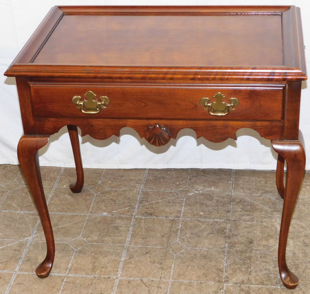 Cherry Queen Anne Style One Drawer Tea Table with Pull Out Slides: Cherry Queen Anne Style One Drawer Tea Table with Pull Out Slides. 26" H 29 1/2" W 19" D "ALL DESCRIPTIONS AND ANY CONDITION STATEMENT GIVEN BY LANGSTON AUCTION GALLERY ARE STRICTLY OPINIONS AND