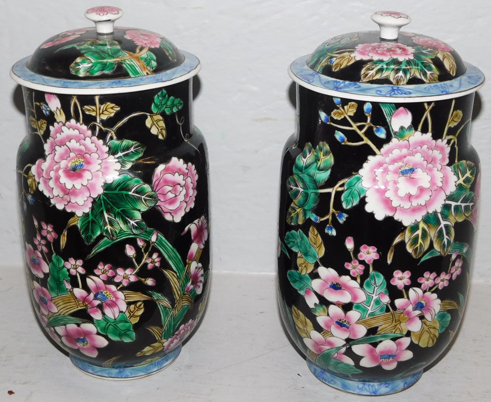 Pair of Chinese Famile Rose Porcelain Covered Urns (1 of 3)