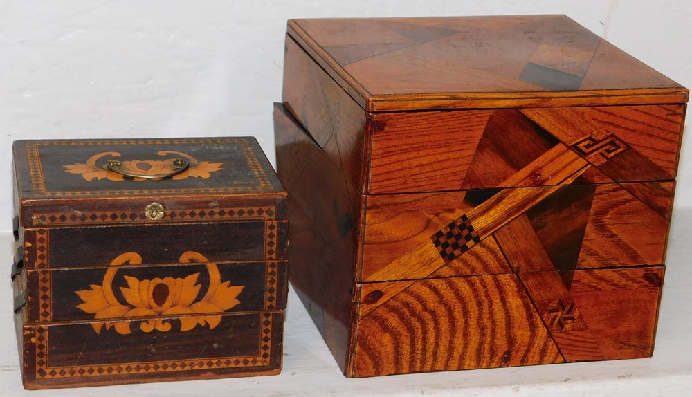 Parquetry Geometrical Inlaid Japanese Bento Box & Folding Tiered Inlaid Wood Box: Parquetry Geometrical Inlaid Japanese Bento Box & Folding Tiered Inlaid Wood Box . Up to 5 3/4" H 6 1/2" W 6" D "ALL DESCRIPTIONS AND ANY CONDITION STATEMENT GIVEN BY LANGSTON AUCTION GALLERY ARE STRI