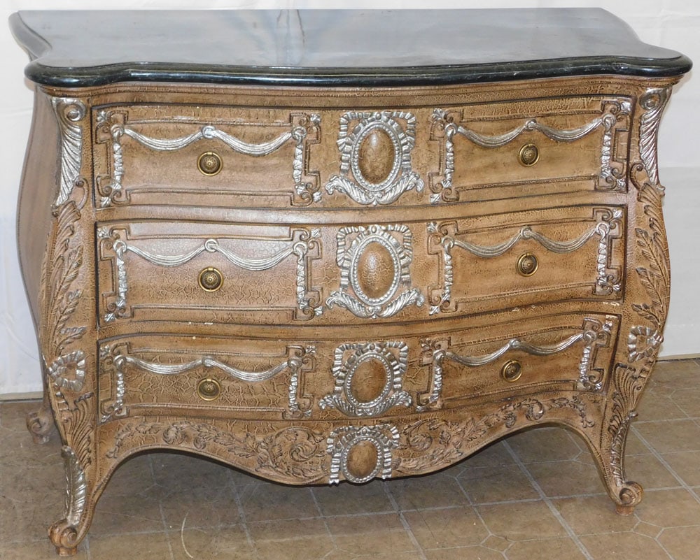 Ornate Painted French Bombay Marble Top Three Drawer Commode by D. D. Export: Ornate Painted French Bombay Marble Top Three Drawer Commode by D. D. Export. 36" H 48 1/2" W 21" D "ALL DESCRIPTIONS AND ANY CONDITION STATEMENT GIVEN BY LANGSTON AUCTION GALLERY ARE STRICTLY