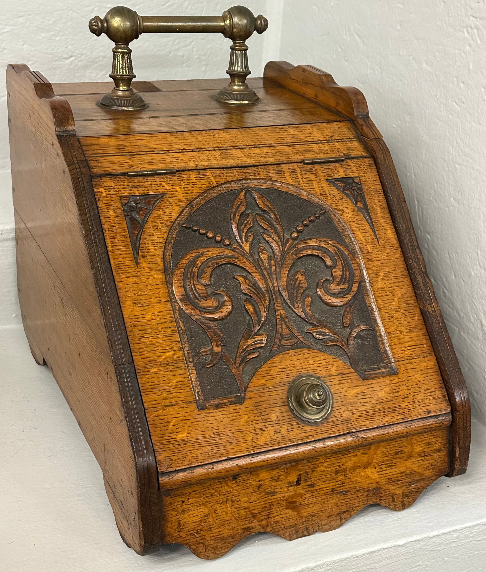 Antique Carved Oak Coal Scuttle with Original Scoop (1 of 5)