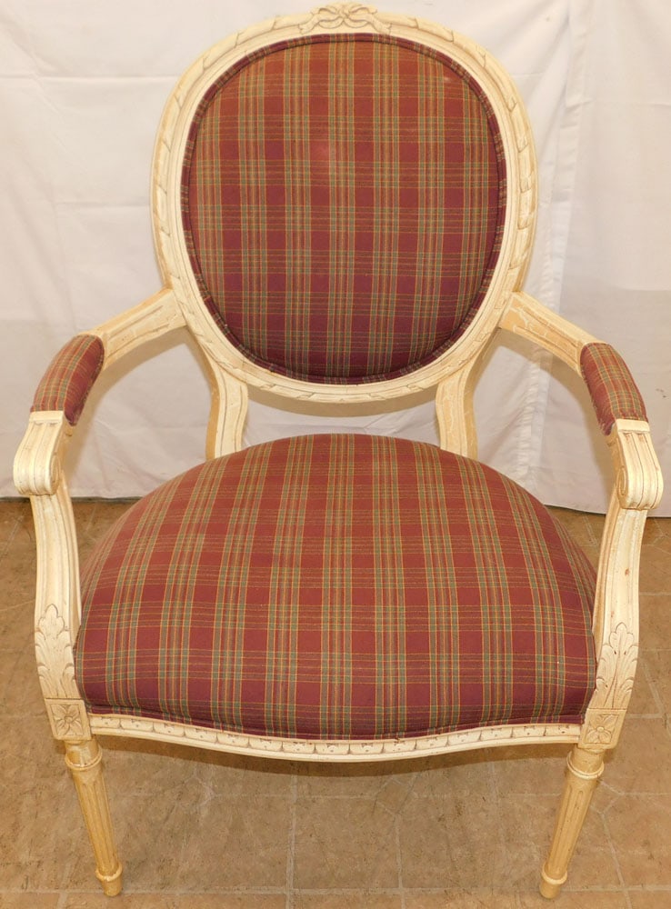 Painted Wood & Upholstered Arm Chairs: Painted Wood & Upholstered Arm Chairs. 41" H 26" W 26" D "ALL DESCRIPTIONS AND ANY CONDITION STATEMENT GIVEN BY LANGSTON AUCTION GALLERY ARE STRICTLY OPINIONS AND LANGSTON'S SHALL HAVE NO