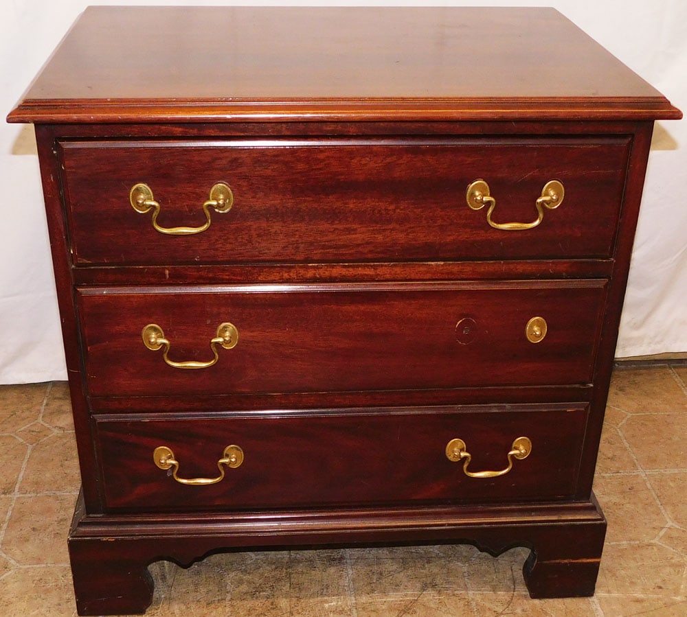 Mahogany Three Drawer Night Stand by Davis Cabinet Company: Mahogany Three Drawer Night Stand by Davis Cabinet Company. 25" H 25" W 17 1/4" D "ALL DESCRIPTIONS AND ANY CONDITION STATEMENT GIVEN BY LANGSTON AUCTION GALLERY ARE STRICTLY OPINIONS AND LANGSTON'S
