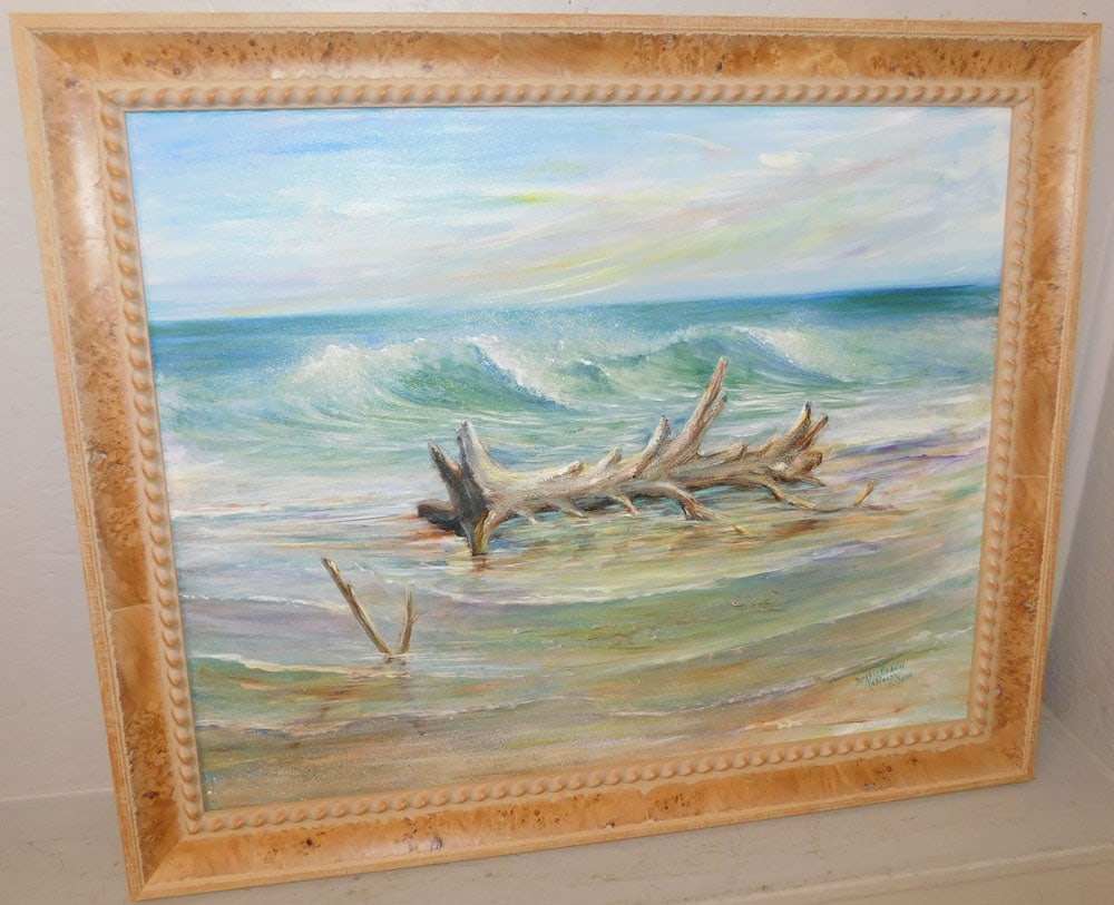 Framed Oil on Canvas Beach Scene: Framed Oil on Canvas Beach Scene . 28 3/4" x 35" "ALL DESCRIPTIONS AND ANY CONDITION STATEMENT GIVEN BY LANGSTON AUCTION GALLERY ARE STRICTLY OPINIONS AND LANGSTON'S SHALL HAVE NO RESPONSIBILITY FOR E