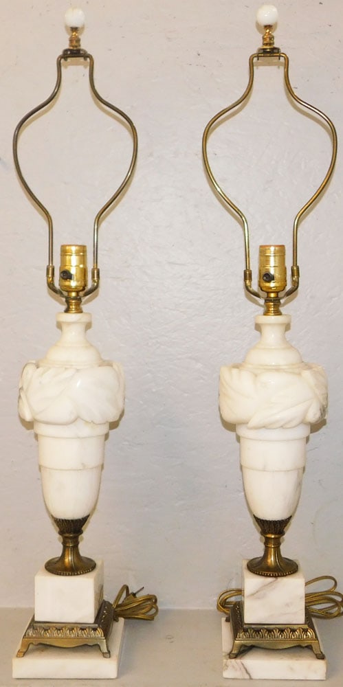 Pair of Alabaster & Gilded Metal Lamps: Pair of Alabaster & Gilded Metal Lamps . 31" H 5 1/4" Dia. "ALL DESCRIPTIONS AND ANY CONDITION STATEMENT GIVEN BY LANGSTON AUCTION GALLERY ARE STRICTLY OPINIONS AND LANGSTON'S SHALL HAVE NO