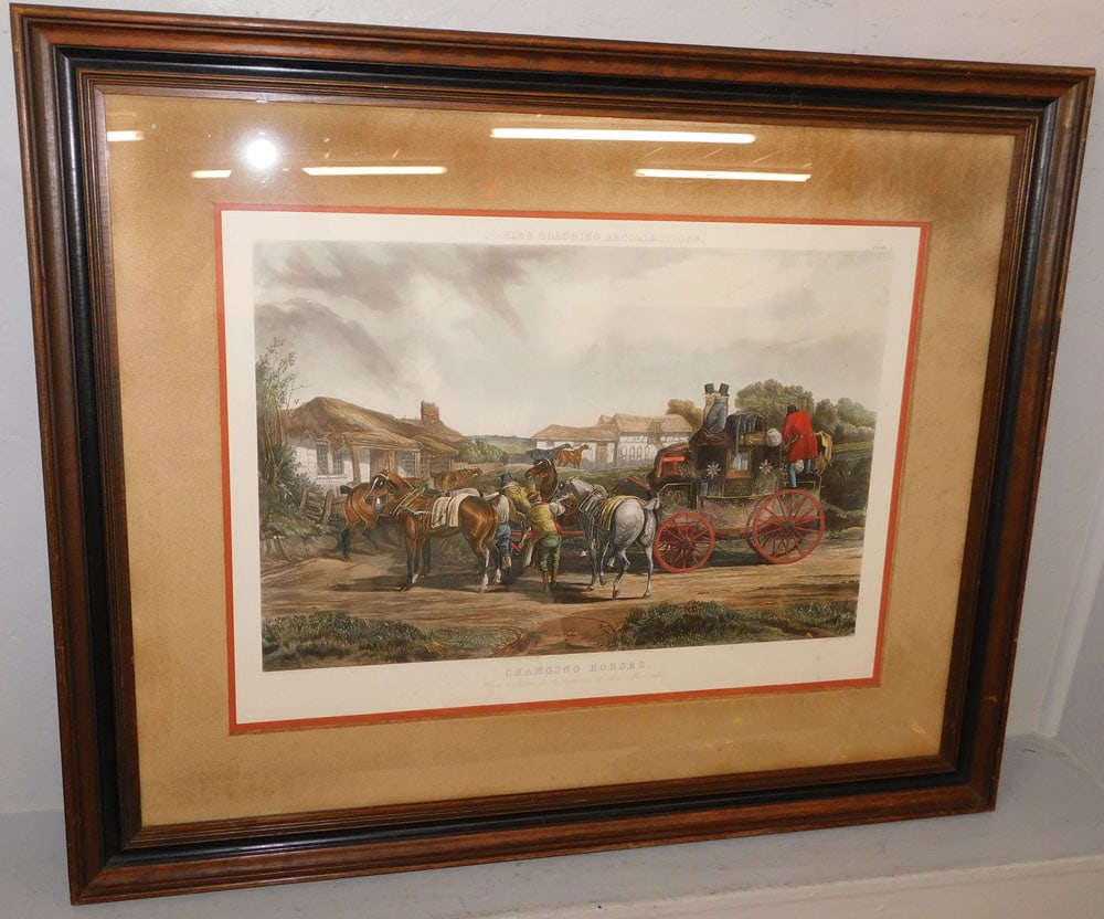 Framed Colored Engraving Titled "Changing Horses": Framed Colored Engraving Titled "Changing Horses". 34 1/4" x 42 1/4" "ALL DESCRIPTIONS AND ANY CONDITION STATEMENT GIVEN BY LANGSTON AUCTION GALLERY ARE STRICTLY OPINIONS AND LANGSTON'S SHALL HAVE NO 