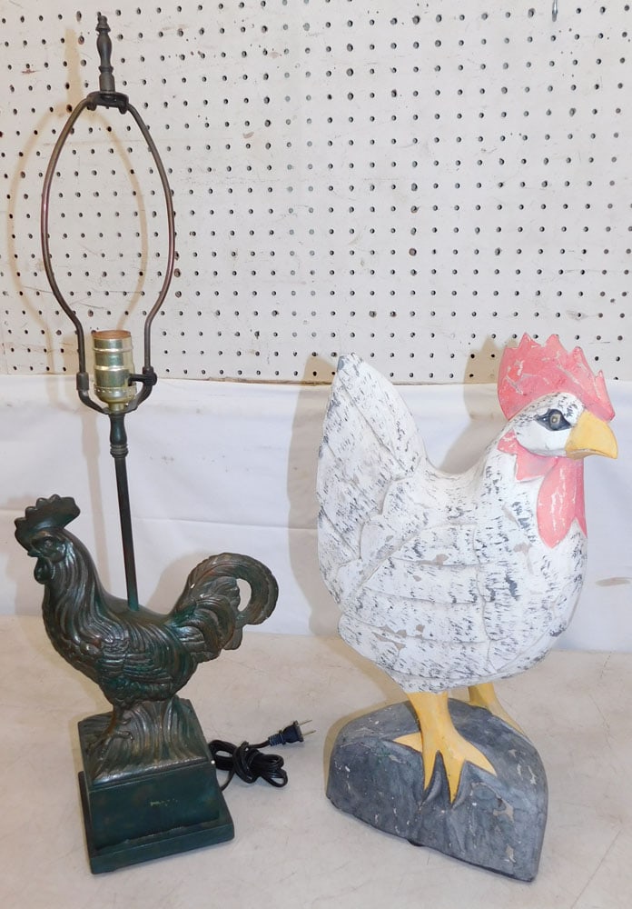 Painted Ceramic Rooster Lamp & Painted Carved Wood Chicken Statue (1 of 4)