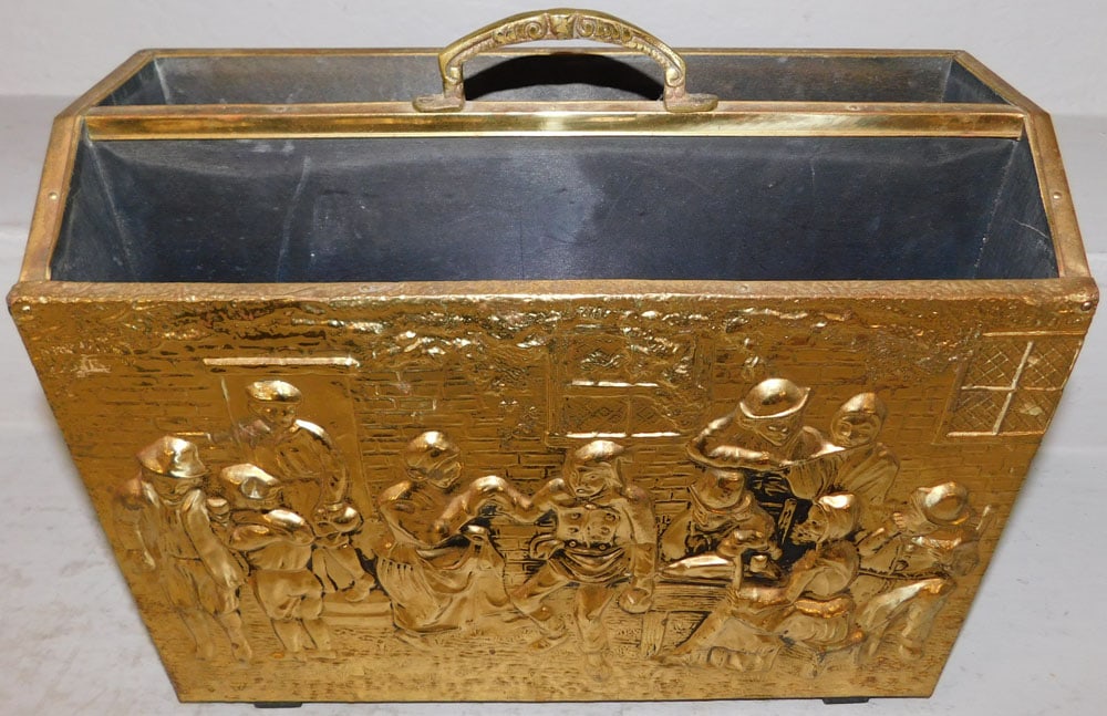 Brass Magazine Stand: Brass Magazine Stand . 13" H 14 1/2" W 6" D "ALL DESCRIPTIONS AND ANY CONDITION STATEMENT GIVEN BY LANGSTON AUCTION GALLERY ARE STRICTLY OPINIONS AND LANGSTON'S SHALL HAVE NO RESPONSIBILITY FOR