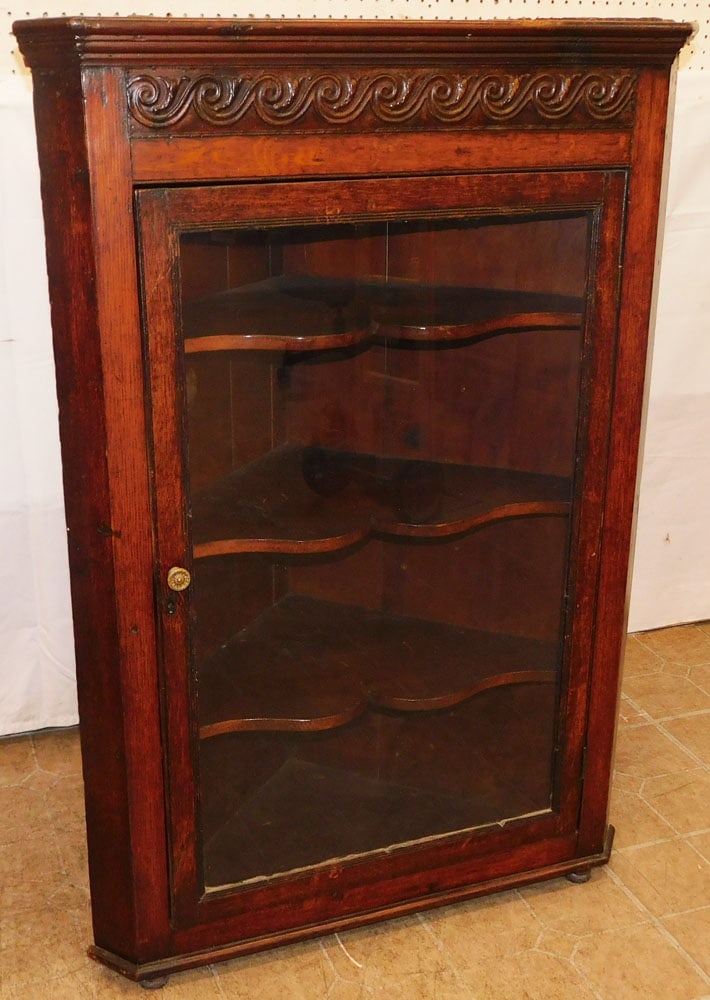 19th Century Oak Hanging Corner Cabinet with Glass Door: 19th Century Oak Hanging Corner Cabinet with Glass Door. 46 1/4" H 32" W 16 3/4" D "ALL DESCRIPTIONS AND ANY CONDITION STATEMENT GIVEN BY LANGSTON AUCTION GALLERY ARE STRICTLY OPINIONS AND LANGSTON'S
