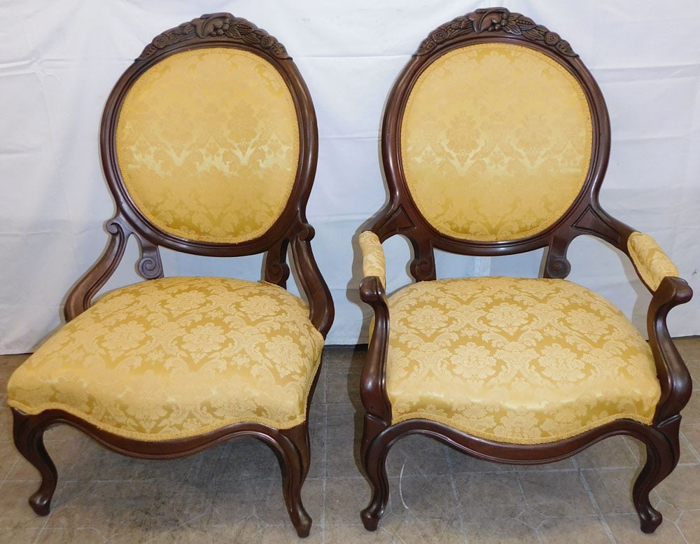 Two Matching Carved Mahogany Victorian Style Parlor Chairs: Two Matching Carved Mahogany Victorian Style Parlor Chairs . Up to 39 1/2" H 25" W 30" D "ALL DESCRIPTIONS AND ANY CONDITION STATEMENT GIVEN BY LANGSTON AUCTION GALLERY ARE STRICTLY OPINIONS AND LANGS