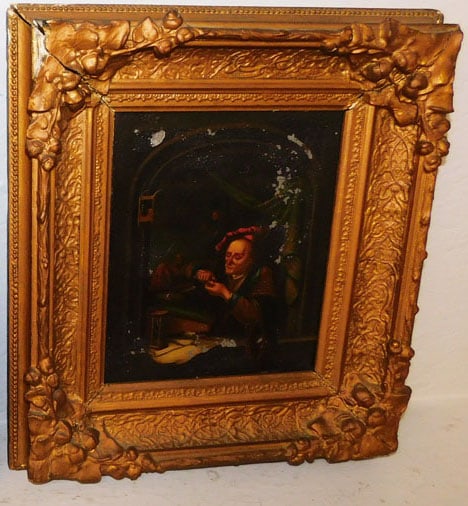 Antique Framed Oil Painting on Tin of The Old Schoolmaster: Antique Framed Oil Painting on Tin of The Old Schoolmaster. 16 1/2" x 15" "ALL DESCRIPTIONS AND ANY CONDITION STATEMENT GIVEN BY LANGSTON AUCTION GALLERY ARE STRICTLY OPINIONS AND LANGSTON'S SHALL