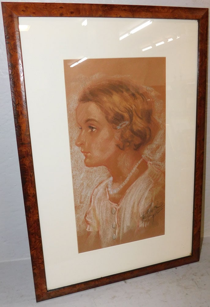 Pastel Portrait of Lady Artist Signed in Burled Wood Frame: Pastel Portrait of Lady Artist Signed in Burled Wood Frame . 20" x 13 1/2" "ALL DESCRIPTIONS AND ANY CONDITION STATEMENT GIVEN BY LANGSTON AUCTION GALLERY ARE STRICTLY OPINIONS AND LANGSTON'S SHALL