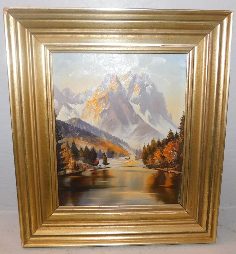 Framed Oil on Board of Lake & Mountain Scene: Framed Oil on Board of Lake & Mountain Scene. 16 1/4" x 14 1/4" "ALL DESCRIPTIONS AND ANY CONDITION STATEMENT GIVEN BY LANGSTON AUCTION GALLERY ARE STRICTLY OPINIONS AND LANGSTON'S SHALL HAVE NO