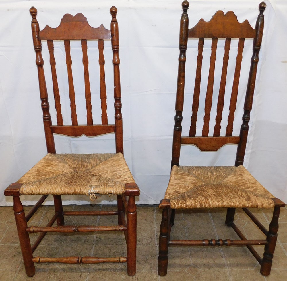 Two Antique Birch Barrister Back Chairs with Rush Seats: Two Antique Birch Barrister Back Chairs with Rush Seats . Up to 42 1/2" H 19 1/4" W 13 1/2" D "ALL DESCRIPTIONS AND ANY CONDITION STATEMENT GIVEN BY LANGSTON AUCTION GALLERY ARE STRICTLY OPINIONS AND 