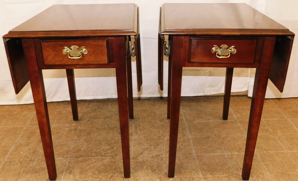 Pair of Cherry One Drawer Drop Leaf End Tables: Pair of Cherry One Drawer Drop Leaf End Tables . 26 1/4" H 18" W 24" D "ALL DESCRIPTIONS AND ANY CONDITION STATEMENT GIVEN BY LANGSTON AUCTION GALLERY ARE STRICTLY OPINIONS AND LANGSTON'S SHALL HAVE