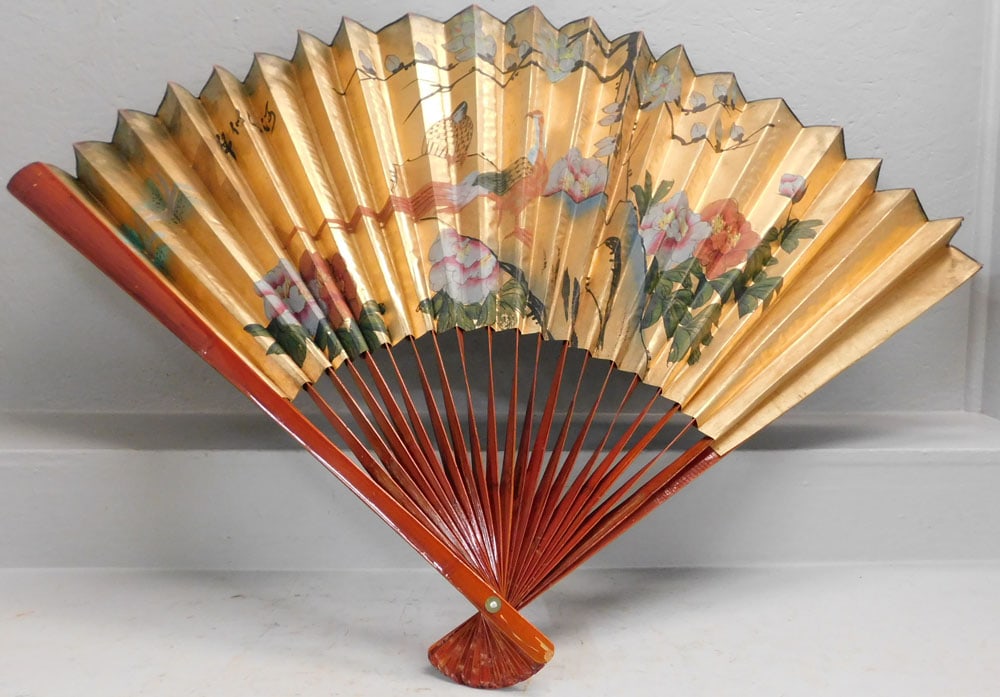 Large Oriental Bamboo & Watercolor on Rice Paper Wall Fan: Large Oriental Bamboo & Watercolor on Rice Paper Wall Fan . 35" L "ALL DESCRIPTIONS AND ANY CONDITION STATEMENT GIVEN BY LANGSTON AUCTION GALLERY ARE STRICTLY OPINIONS AND LANGSTON'S SHALL HAVE NO