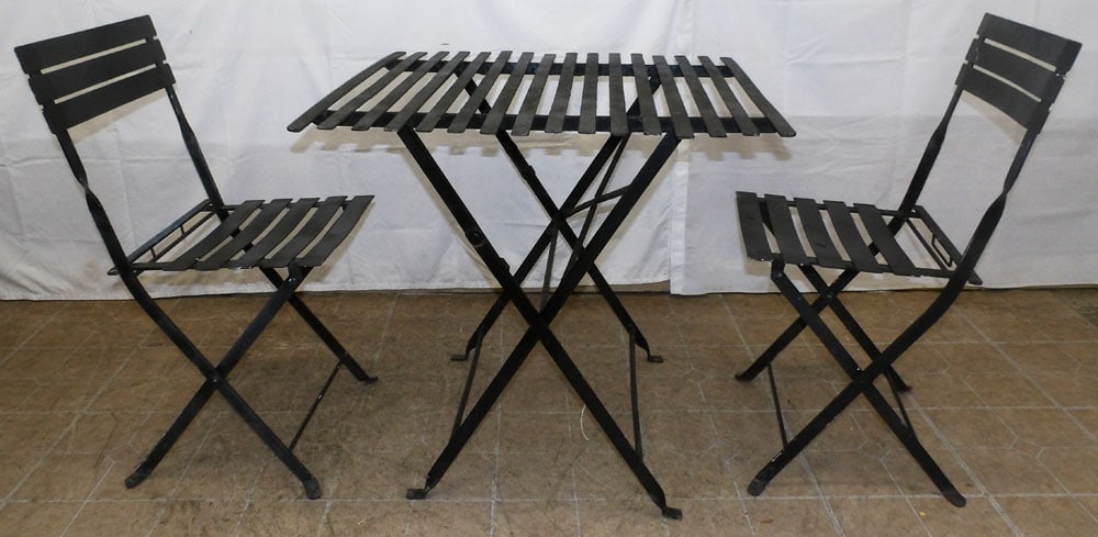 Painted Forged Iron Folding Table with Two Chairs: Painted Forged Iron Folding Table with Two Chairs . Table: 28 3/4" H 30" W 30" D "ALL DESCRIPTIONS AND ANY CONDITION STATEMENT GIVEN BY LANGSTON AUCTION GALLERY ARE STRICTLY OPINIONS AND LANGSTON'S SH