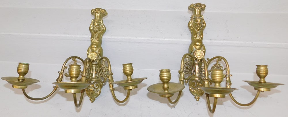 Pair of Antique Cast Brass Three Light Candle Sconces: Pair of Antique Cast Brass Three Light Candle Sconces. 13 1/2" x 15" "ALL DESCRIPTIONS AND ANY CONDITION STATEMENT GIVEN BY LANGSTON AUCTION GALLERY ARE STRICTLY OPINIONS AND LANGSTON'S SHALL HAVE NO