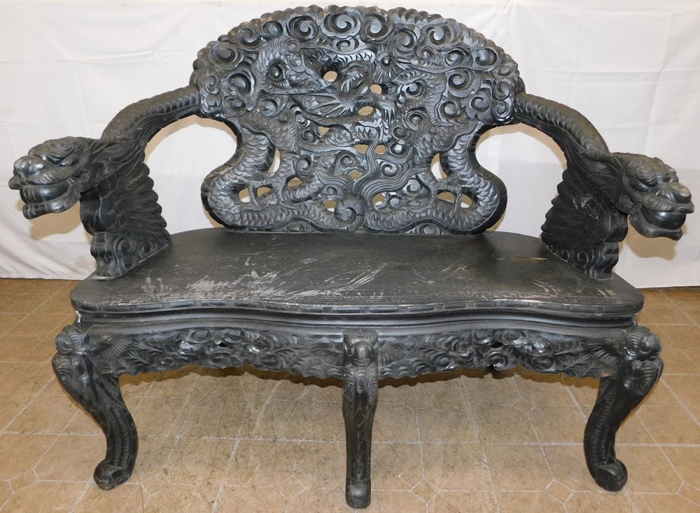 Chinese Carved Wood Dragon Bench: Chinese Carved Wood Dragon Bench . 40 1/4" H 49" W 23" D "ALL DESCRIPTIONS AND ANY CONDITION STATEMENT GIVEN BY LANGSTON AUCTION GALLERY ARE STRICTLY OPINIONS AND LANGSTON'S SHALL HAVE NO