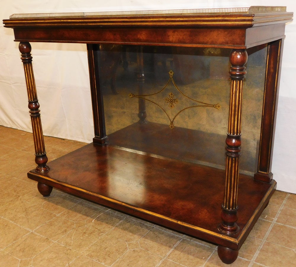 Modern Mahogany & Eglomise Top Petticoat Table with Brass Gallery: Modern Mahogany & Eglomise Top Petticoat Table with Brass Gallery . 36 3/4" H 45" W 21" D "ALL DESCRIPTIONS AND ANY CONDITION STATEMENT GIVEN BY LANGSTON AUCTION GALLERY ARE STRICTLY OPINIONS AND