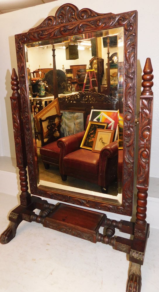 Antique Carved Oak Bevel Edge Dressing Mirror: Antique Carved Oak Bevel Edge Dressing Mirror. 36" H 22 1/2" W 14" D "ALL DESCRIPTIONS AND ANY CONDITION STATEMENT GIVEN BY LANGSTON AUCTION GALLERY ARE STRICTLY OPINIONS AND LANGSTON'S SHALL HAVE NO