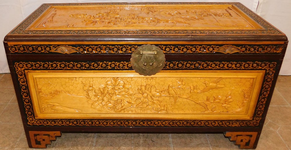 Oriental Carved High Relief Wood Box: Oriental Carved High Relief Wood Box. 18 1/4" H 34 3/4" W 16 1/2" D "ALL DESCRIPTIONS AND ANY CONDITION STATEMENT GIVEN BY LANGSTON AUCTION GALLERY ARE STRICTLY OPINIONS AND LANGSTON'S SHALL HAVE NO
