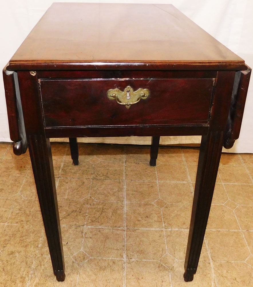 19th Century Mahogany Two Drawer Drop Leaf Table: 19th Century Mahogany Two Drawer Drop Leaf Table. 28 3/4" H 19 1/2" W 30" D "ALL DESCRIPTIONS AND ANY CONDITION STATEMENT GIVEN BY LANGSTON AUCTION GALLERY ARE STRICTLY OPINIONS AND LANGSTON'S SHALL