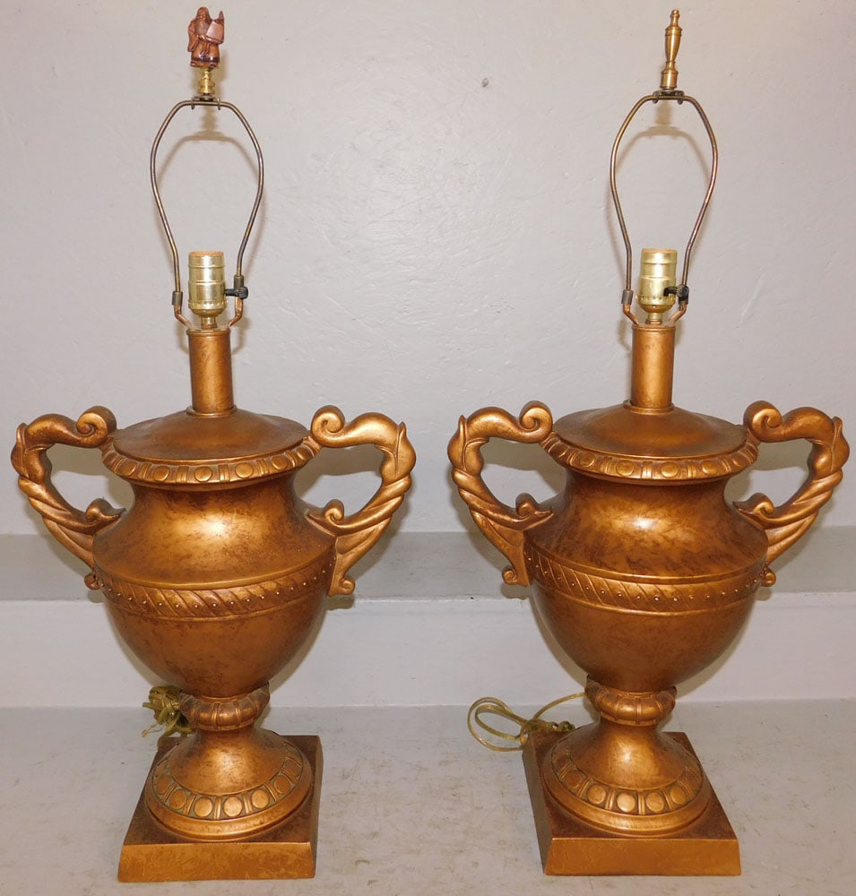 Pair of Painted Decorative Resin Urn Form Lamps: Pair of Painted Decorative Resin Urn Form Lamps. 31" H 15" W "ALL DESCRIPTIONS AND ANY CONDITION STATEMENT GIVEN BY LANGSTON AUCTION GALLERY ARE STRICTLY OPINIONS AND LANGSTON'S SHALL HAVE NO
