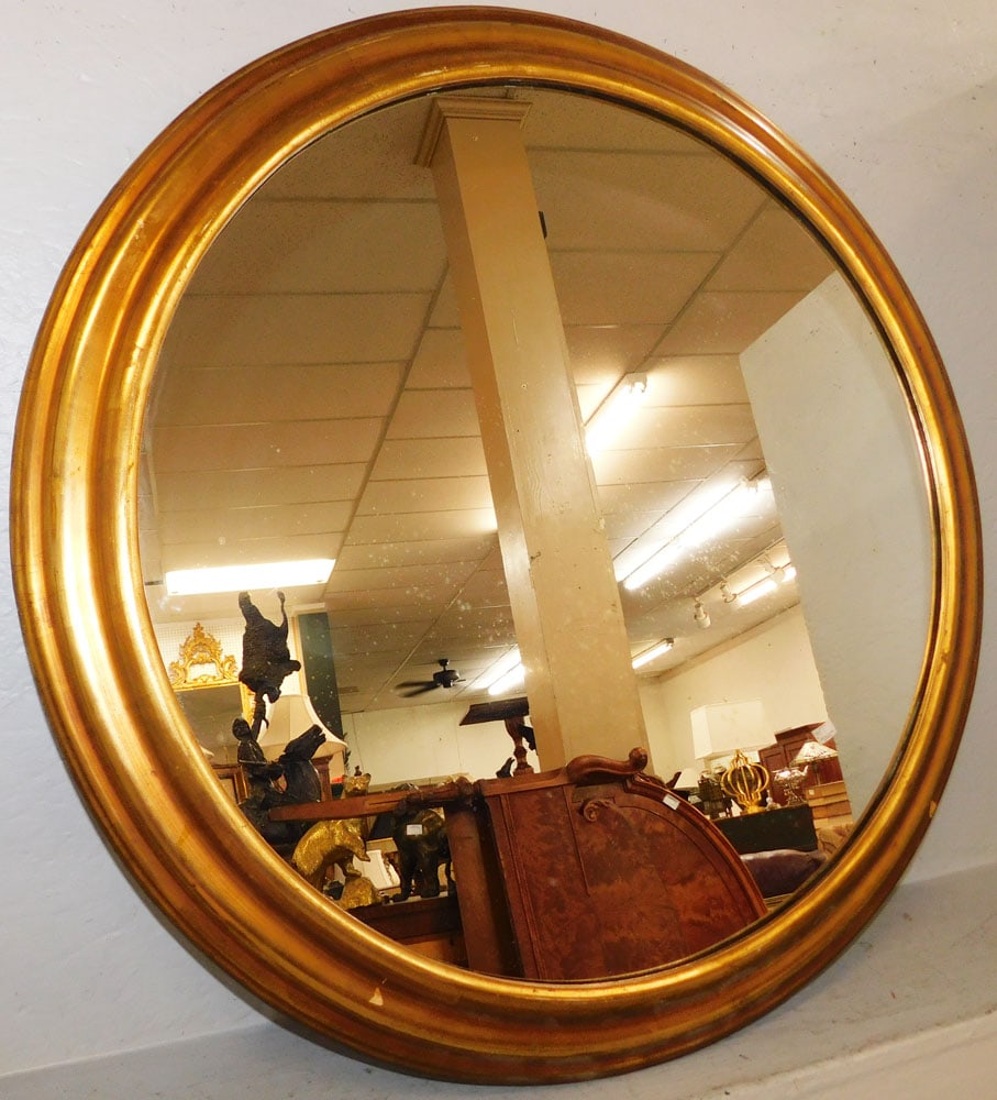 Round Gilded Frame Mirror: Round Gilded Frame Mirror . 33 1/2" Dia. "ALL DESCRIPTIONS AND ANY CONDITION STATEMENT GIVEN BY LANGSTON AUCTION GALLERY ARE STRICTLY OPINIONS AND LANGSTON'S SHALL HAVE NO RESPONSIBILITY FOR ERRORS