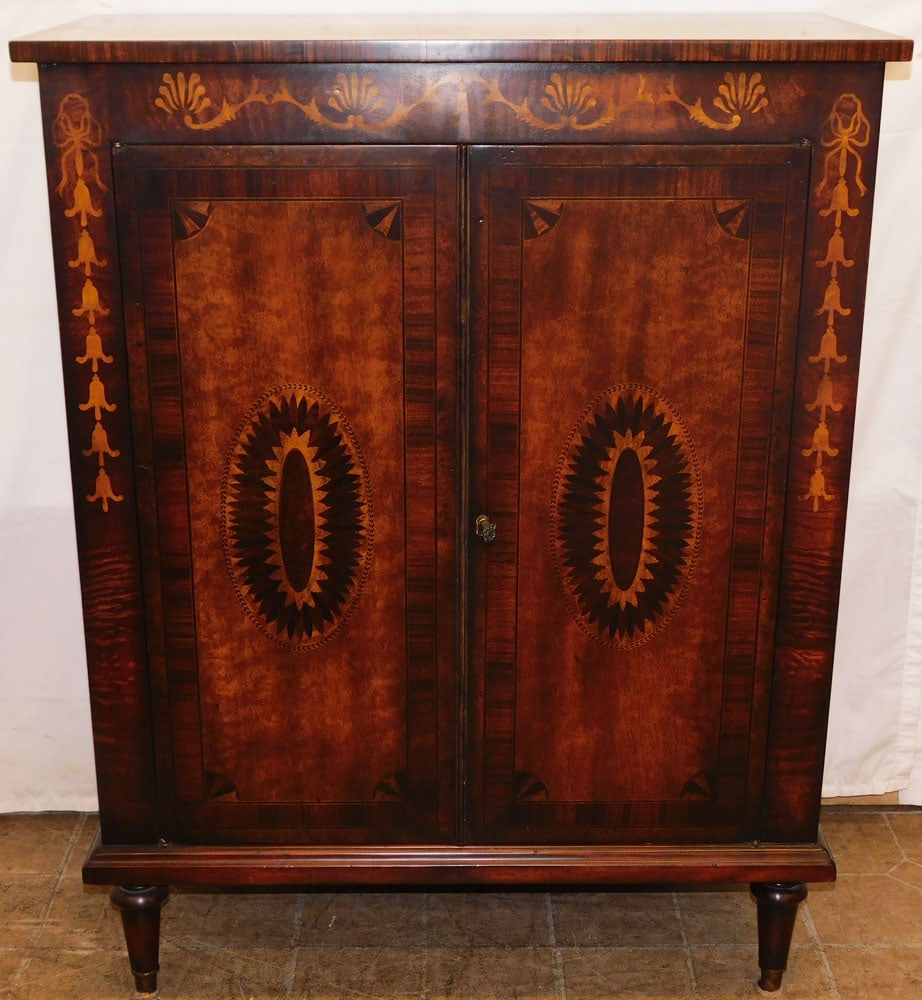Mahogany Inlaid Two Door Cabinet: Mahogany Inlaid Two Door Cabinet . 40 1/2" H 31 1/2" W 14 3/4" D "ALL DESCRIPTIONS AND ANY CONDITION STATEMENT GIVEN BY LANGSTON AUCTION GALLERY ARE STRICTLY OPINIONS AND LANGSTON'S SHALL HAVE NO