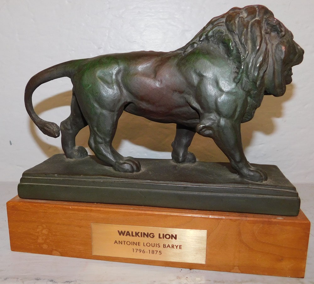 Painted Metal Statue Labeled Walking Lion: Painted Metal Statue Labeled Walking Lion . 7 3/4" H 9 1/2" W 3 1/2" D "ALL DESCRIPTIONS AND ANY CONDITION STATEMENT GIVEN BY LANGSTON AUCTION GALLERY ARE STRICTLY OPINIONS AND LANGSTON'S SHALL HAVE