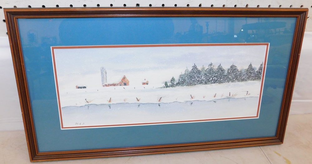 Framed Watercolor Snow Scene Artist Signed: Framed Watercolor Snow Scene Artist Signed . 12 1/2" x 23" "ALL DESCRIPTIONS AND ANY CONDITION STATEMENT GIVEN BY LANGSTON AUCTION GALLERY ARE STRICTLY OPINIONS AND LANGSTON'S SHALL HAVE NO