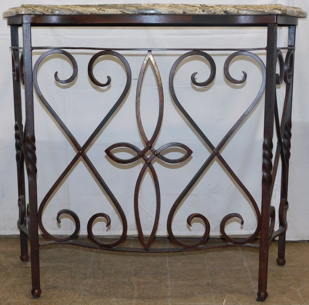 Painted Wrought Iron & Marble Top Console: Painted Wrought Iron & Marble Top Console . 38 1/2" H 43 1/4" W 16" D "ALL DESCRIPTIONS AND ANY CONDITION STATEMENT GIVEN BY LANGSTON AUCTION GALLERY ARE STRICTLY OPINIONS AND LANGSTON'S SHALL HAVE